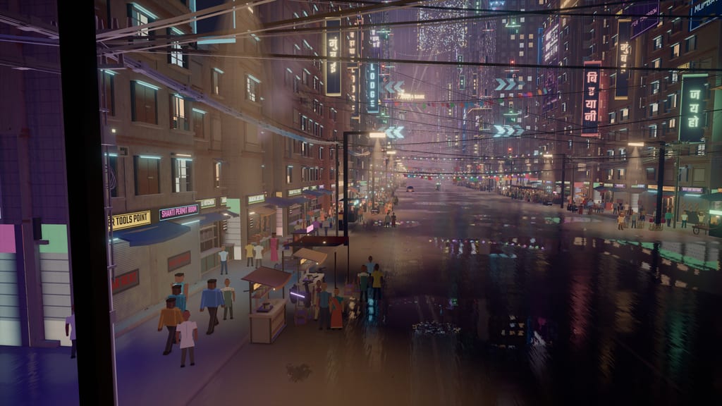 A rainy bazaar street at night seen from above the stalls: shop boards, shoppers, neon signs and the wet road.