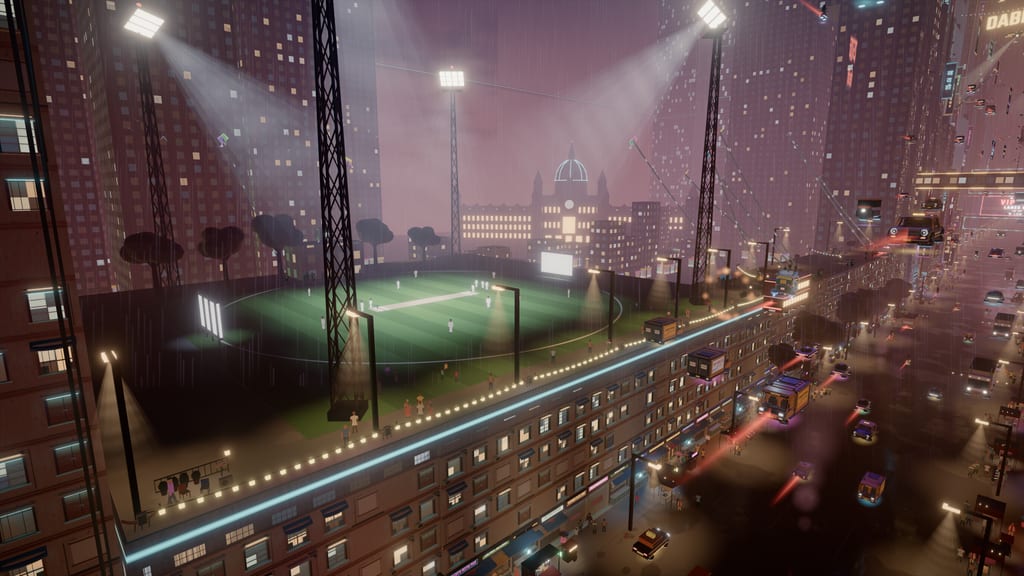A floodlit cricket ground on a raised deck beside a street, players on the pitch, a domed railway terminus in the distance.