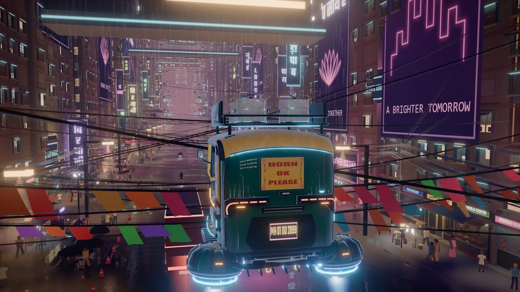 The back of a green and yellow hover auto-rickshaw with a HORN OK PLEASE panel and the plate MH 01 DD 2099.