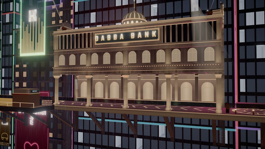 An ornate colonial-style building labelled DABBA BANK mounted on the side of a dark glass tower, a hover taxi passing.