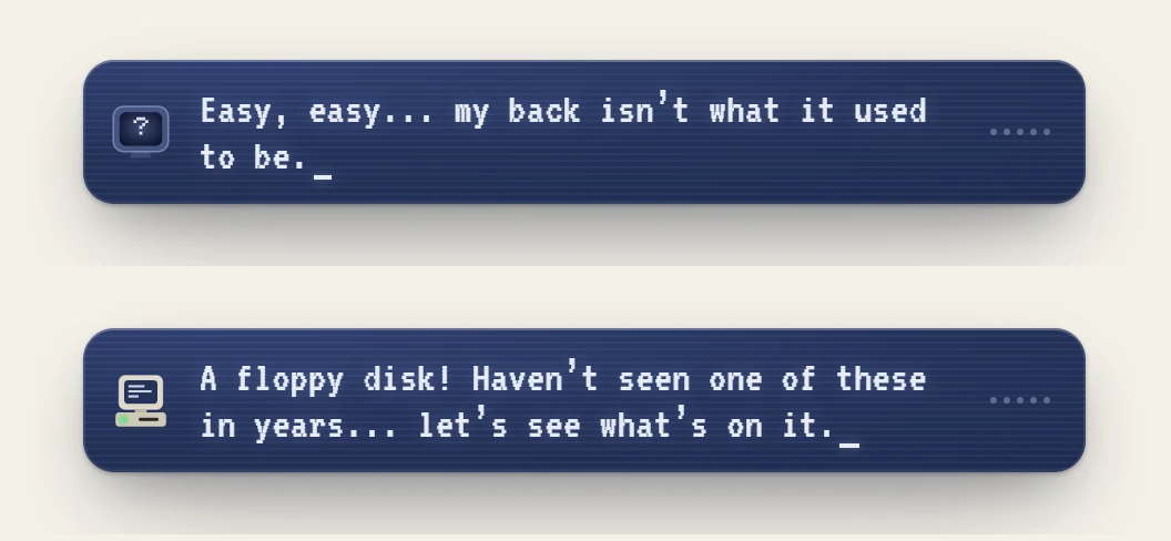 The voice patch. Before you meet him, the badge is a screen with a question mark; after, it's the computer itself.