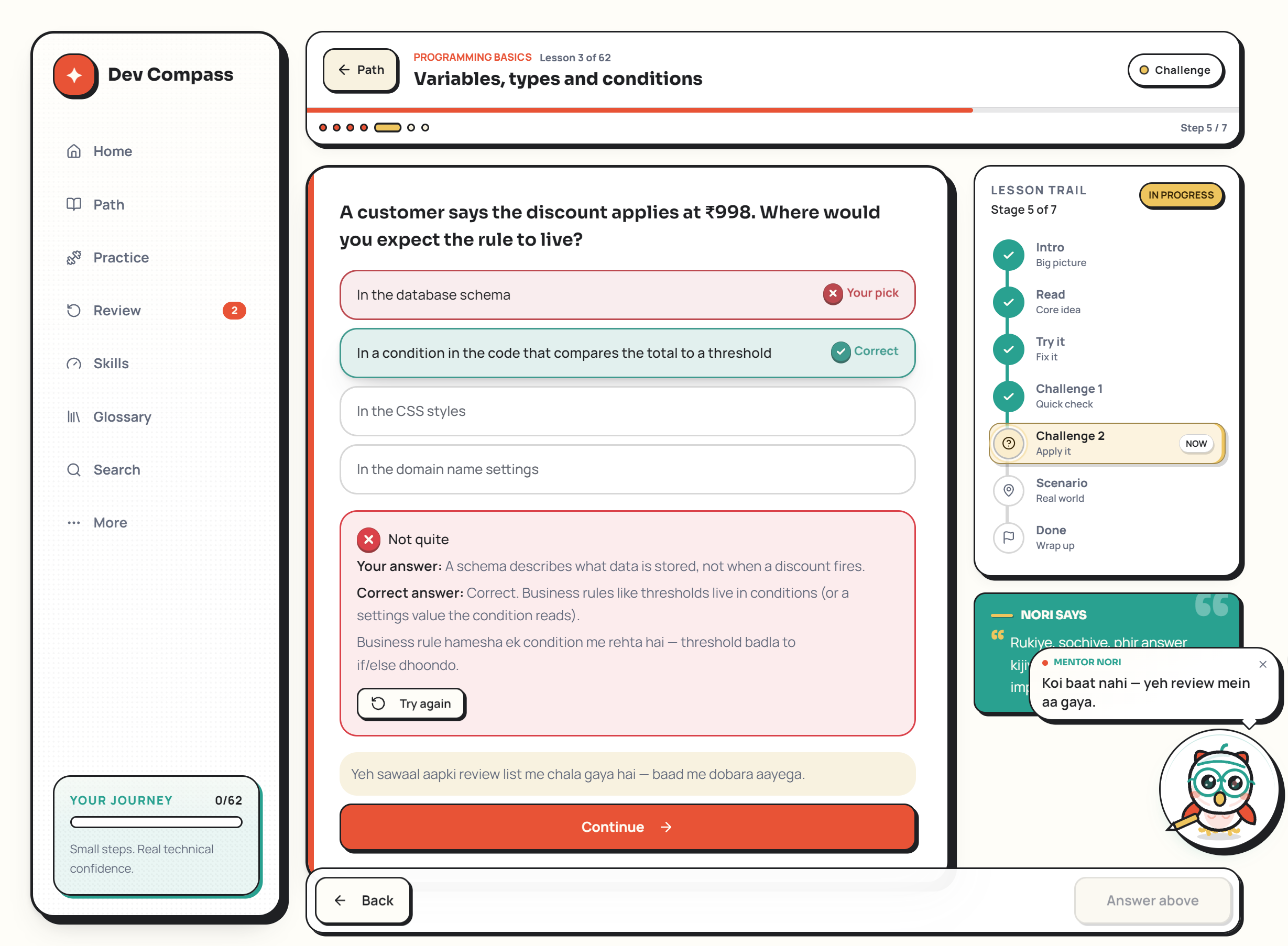 Dev Compass explains an incorrect answer and offers a retry.