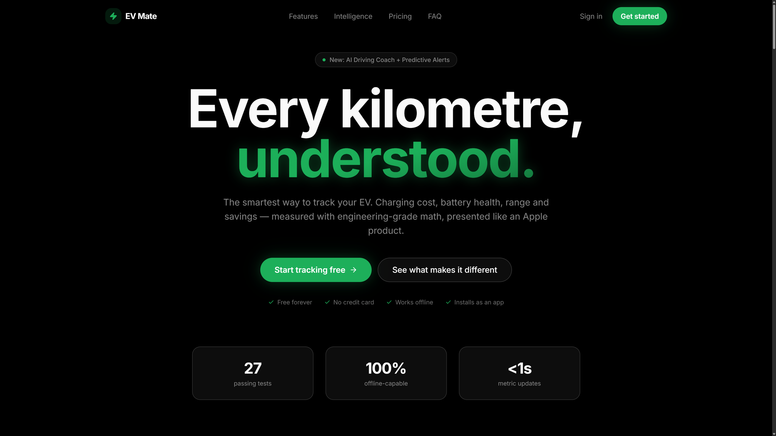 The public EV Mate website introducing electric-vehicle charging, cost and efficiency tracking.
