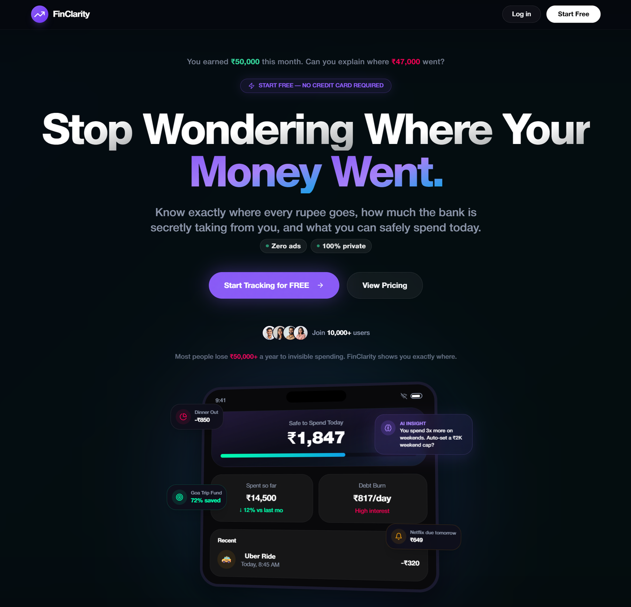 FinClarity’s public product presentation with its dark finance interface and illustrative money dashboard.