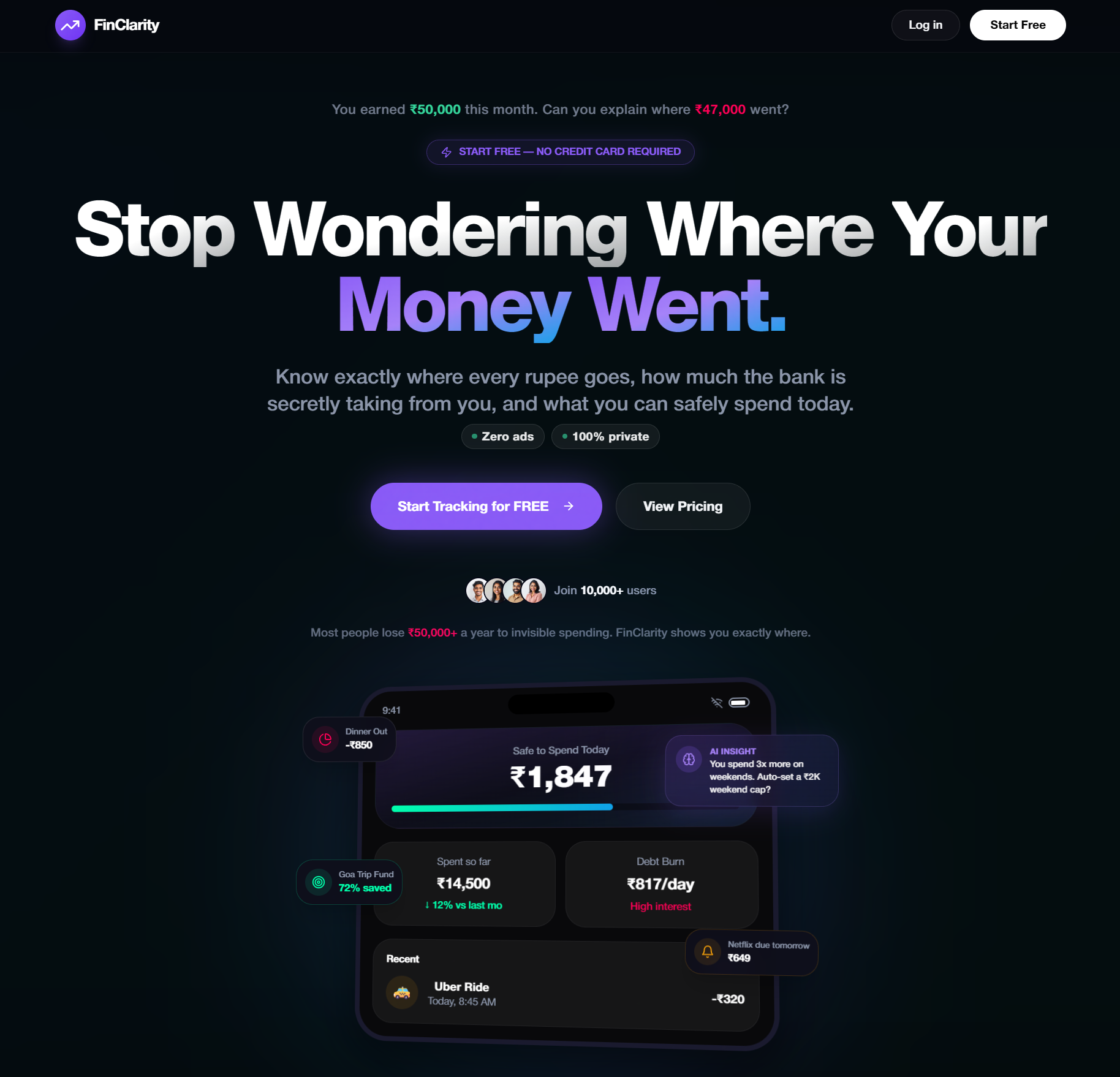 FinClarity’s public product presentation with its dark finance interface and illustrative money dashboard.