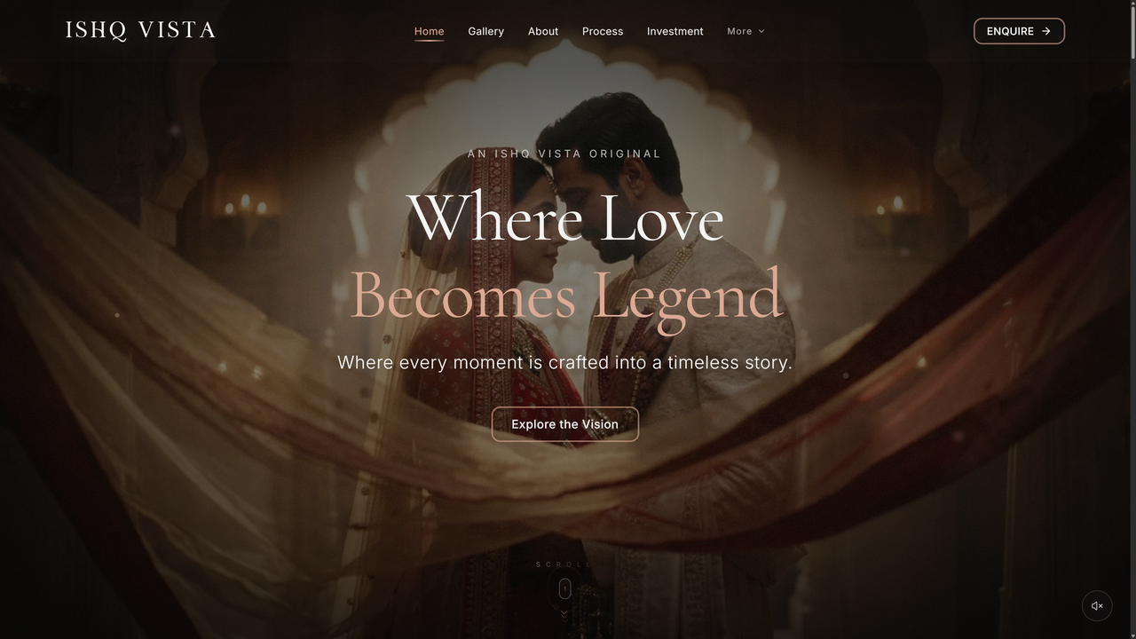 The public ISHQ VISTA website with its wedding-cinema imagery and Where Love Becomes Legend headline.