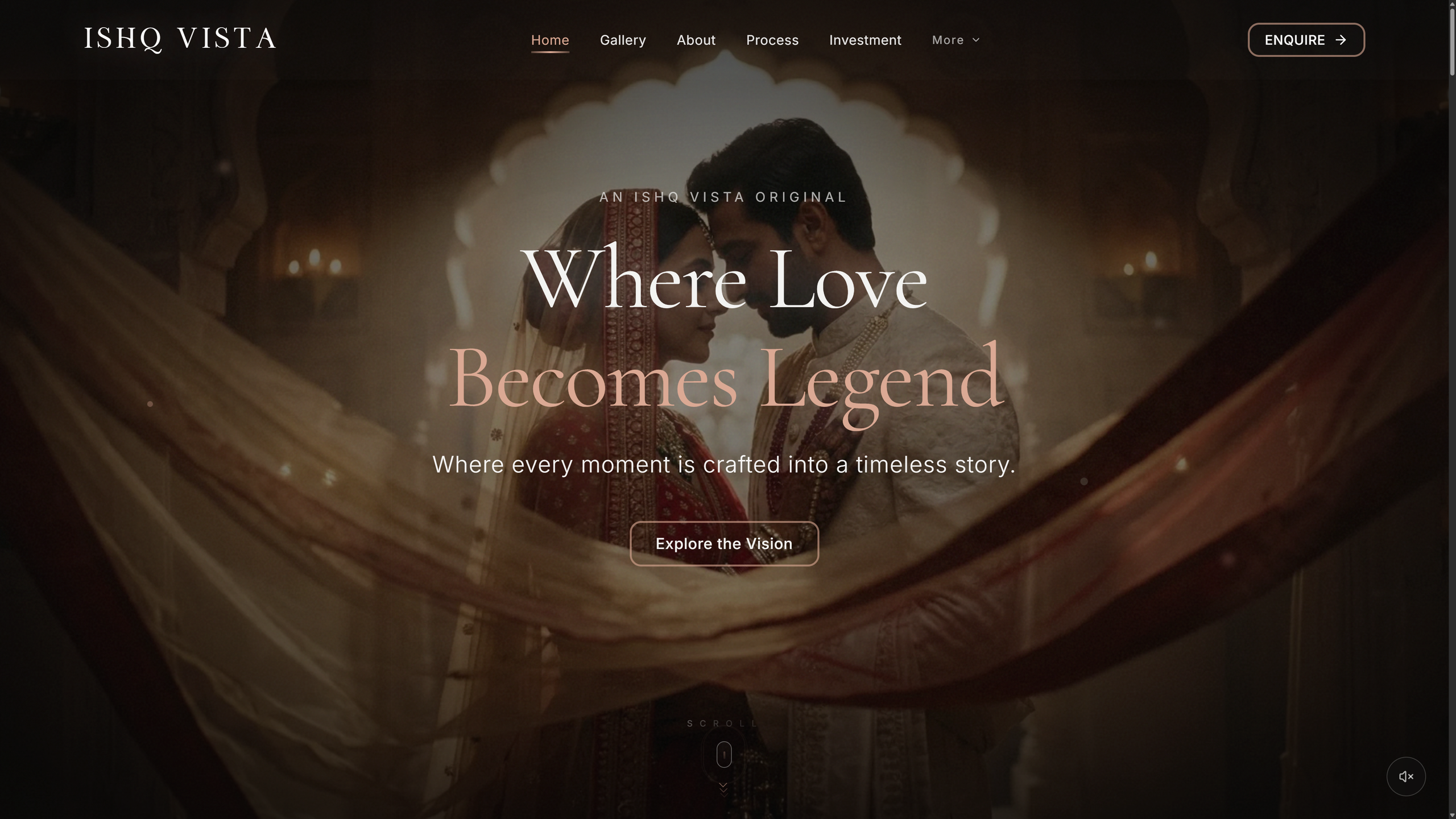 The public ISHQ VISTA website with its wedding-cinema imagery and Where Love Becomes Legend headline.