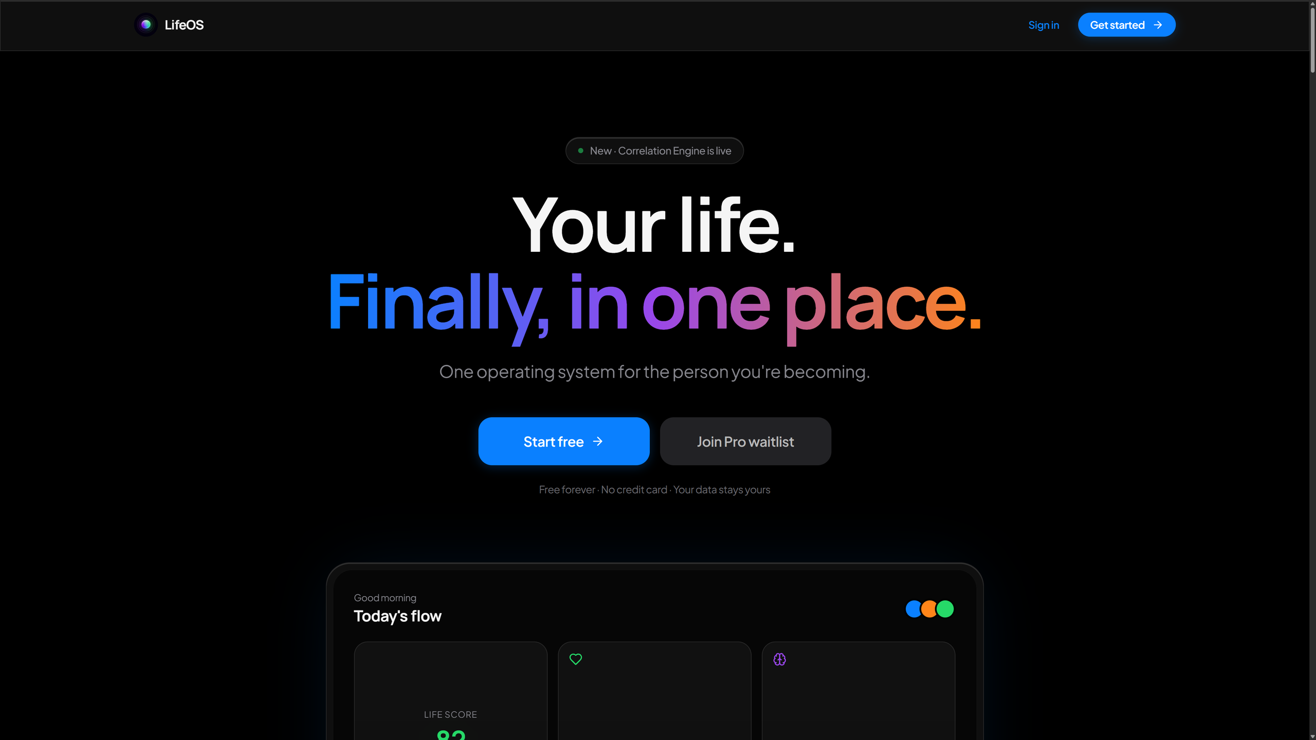 The public LifeOS homepage showing its personal planning product and illustrative interface.