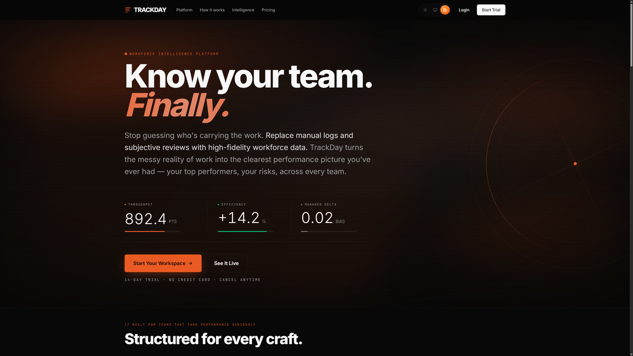 The public TrackDay homepage: a dark typographic interface introducing the team-reporting product.