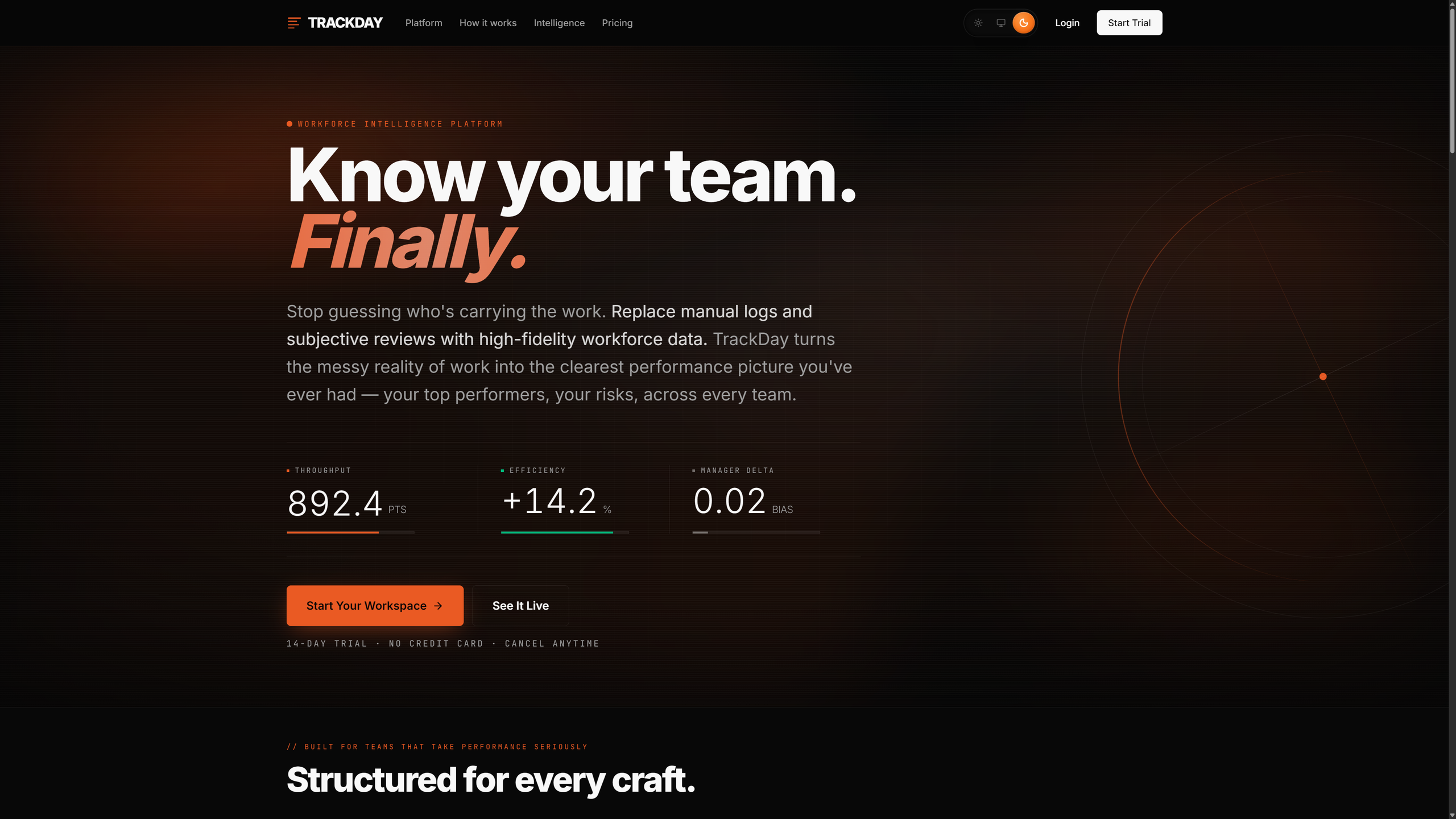 The public TrackDay homepage: a dark typographic interface introducing the team-reporting product.