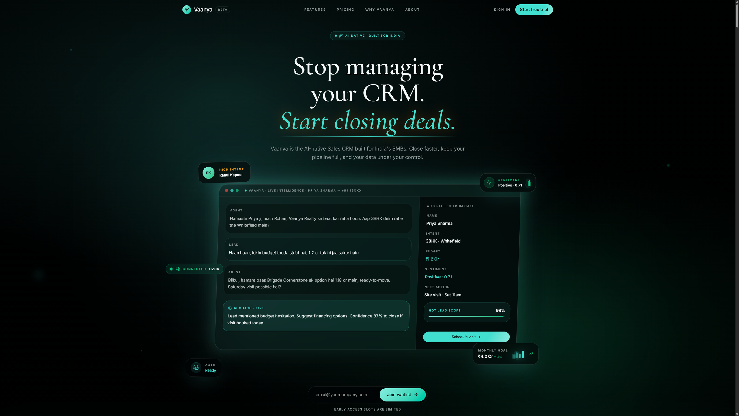 Vaanya’s public homepage, with its sales CRM positioning and illustrative call-summary interface.